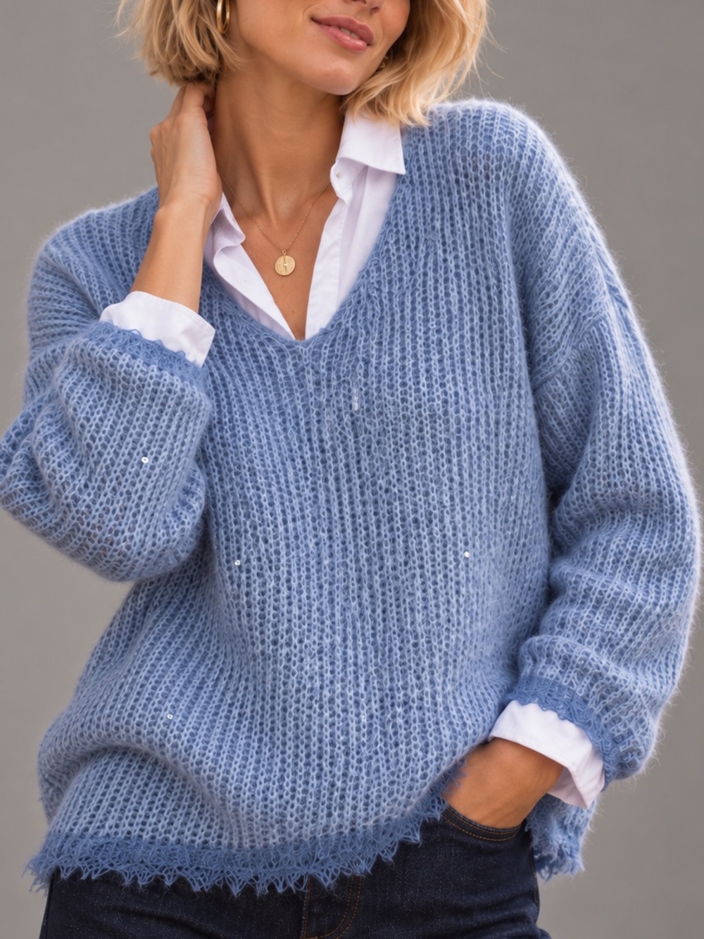 Nina Kendosa Blue Sequin V Neck Open Knit Fuzzy Sweater Womens M